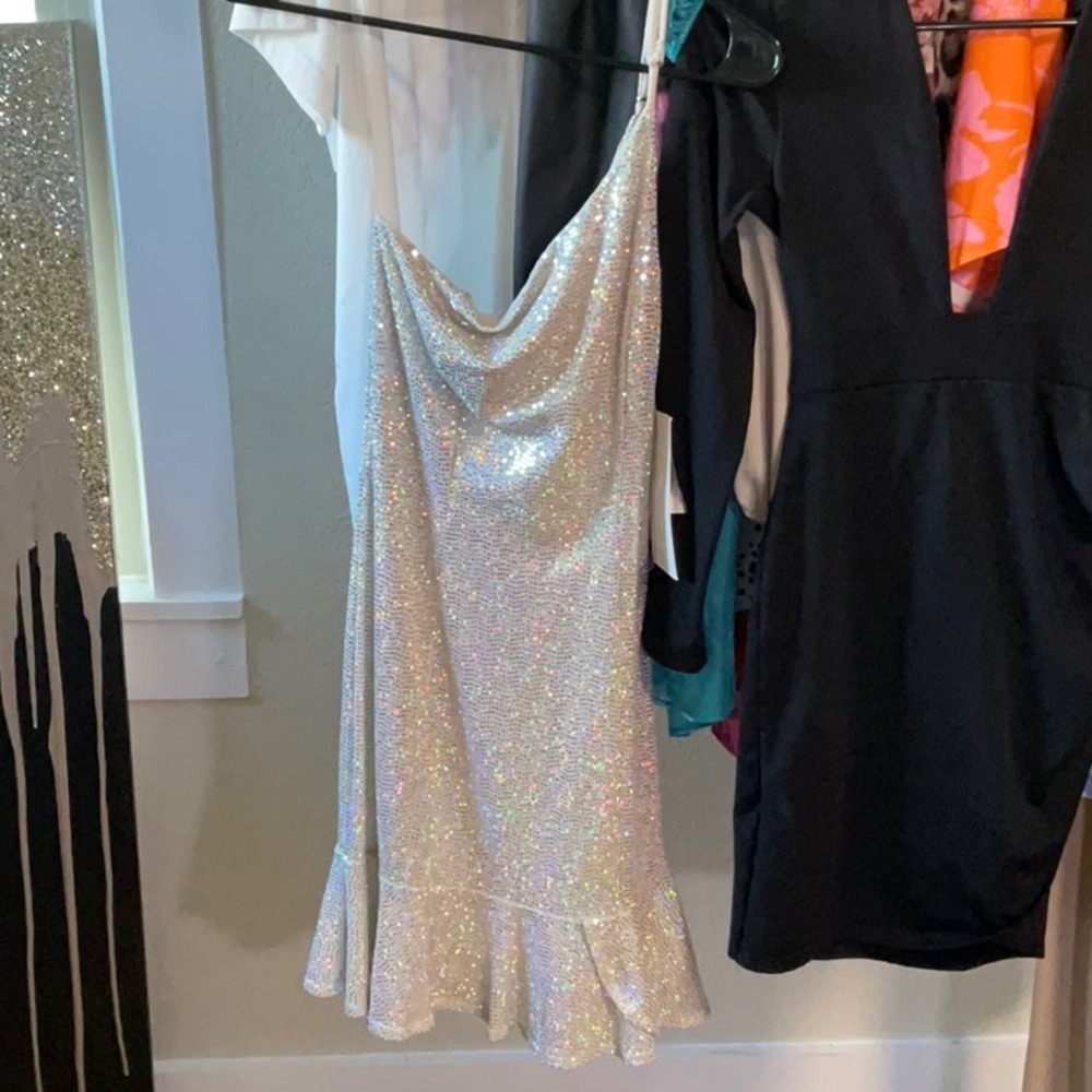 Sparkling Silver Dress with Ruffle Hem